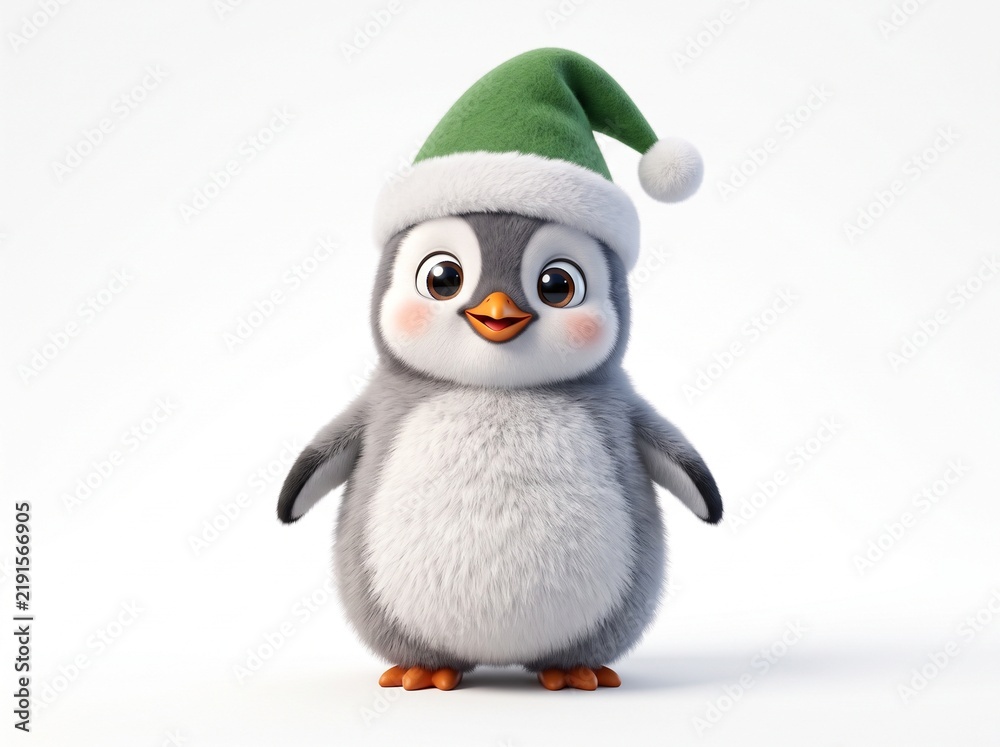 Fototapeta premium Cute Fluffy Baby Penguin Wearing Green Santa Hat, 3D Christmas Character Illustration