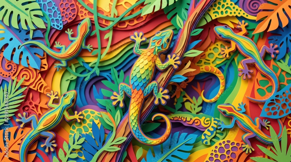 Fototapeta premium Colorful Paper Art of Geckos and Leaves with Bright Tropical Theme in 3D Layered Design
