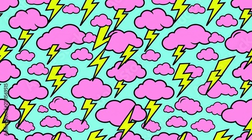 Colorful Background with Pink Clouds and Yellow Lightning Bolts on Light Blue Pattern