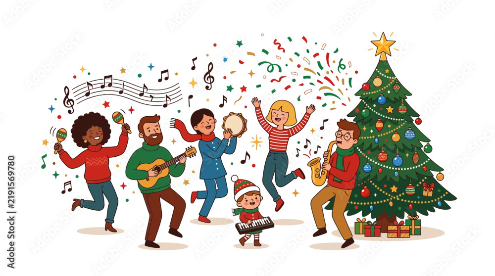 Fototapeta premium Diverse group of people celebrating festive holiday with live music and dancing