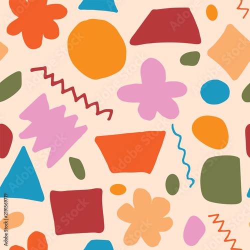 Retro Colorful Funky Hand drawn flowers and abstract shapes seamless pattern in orange, red, pink and green on beige background. For retro backgrounds, banners, home décor and wallpaper