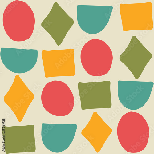 Mid Century Hand drawn geometric seamless pattern featuring Colorful circles, squares, diamonds and semi circles in red, mustard yellow, teal and olive green. 