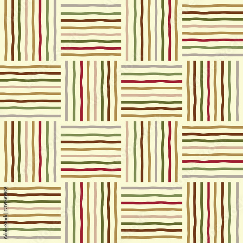 Boho Wavy Horizontal and Vertical hand drawn Stripes in  square blocks in warm earthy colors seamless pattern. For retro backgrounds, interior décor and wallpaper