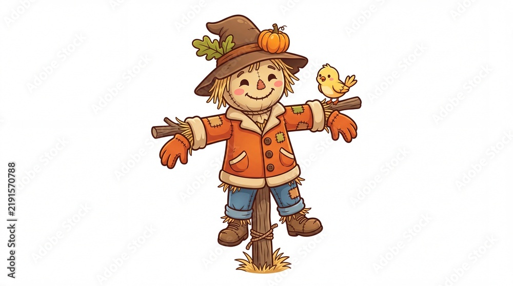 Fototapeta premium Friendly cartoon scarecrow wearing a brown hat and orange jacket standing alone on white background