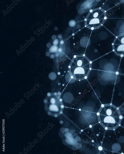 Abstract digital network structure with glowing human icons representing global connectivity