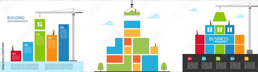 Obraz premium Tower crane made of colored blocks builds city. concept of building success. Vector Illustration in modern flat style.