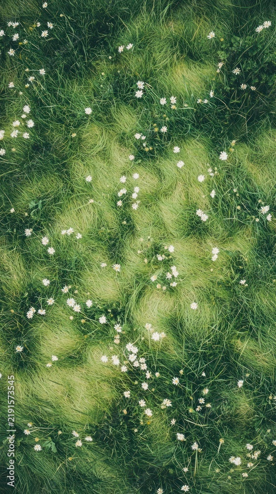 Obraz premium Tranquil green meadow texture with tiny white wildflowers, nature mobile wallpaper