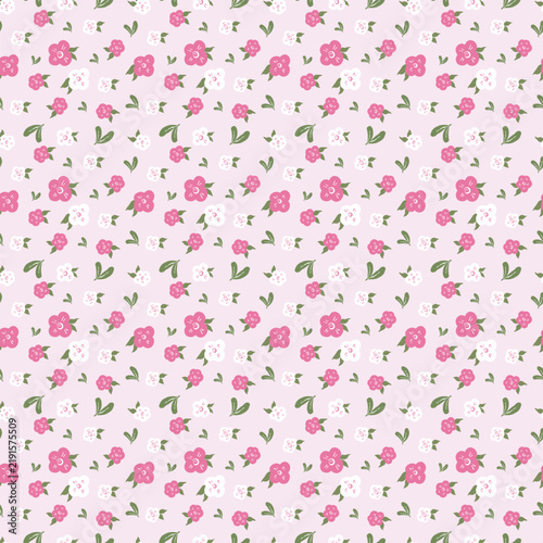 Cute Seamless Floral Pattern with Hand-Drawn Pink and White Flowers and Green Leaves