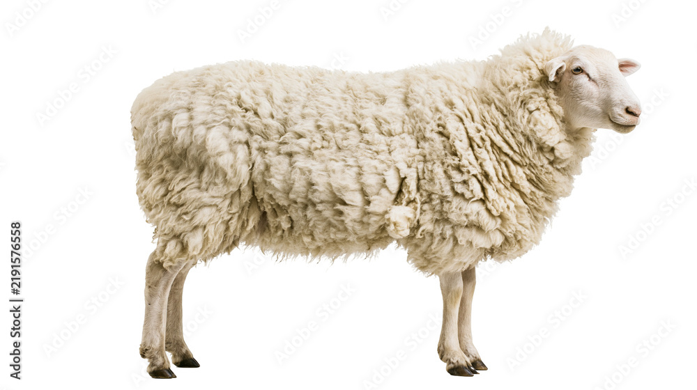 Obraz premium Fluffy white adult sheep standing in profile view