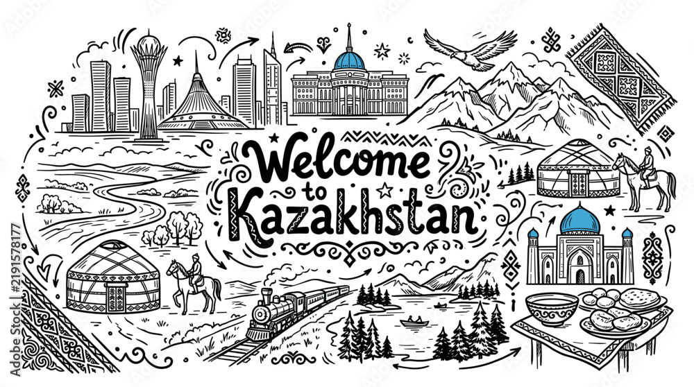 Fototapeta premium Hand Drawn Doodle Illustration of Kazakhstan Landmarks