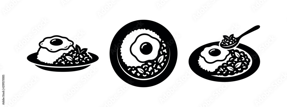 Fototapeta premium Fried Egg and Rice Icons Set. Classic Breakfast or Meal Dish Symbol Vector Illustration.