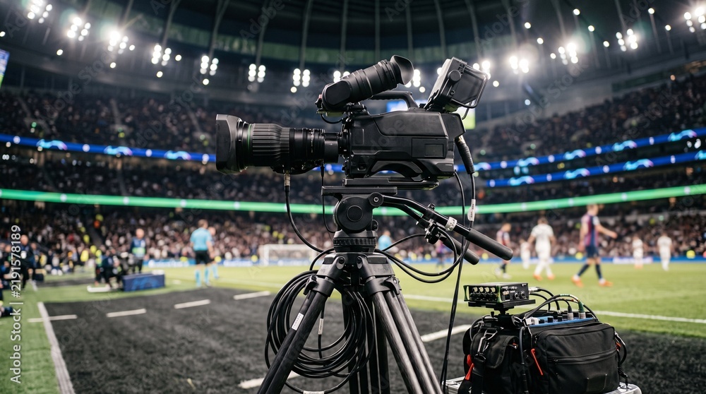 Fototapeta premium Professional broadcast camera capturing a live night match at a stadium field level