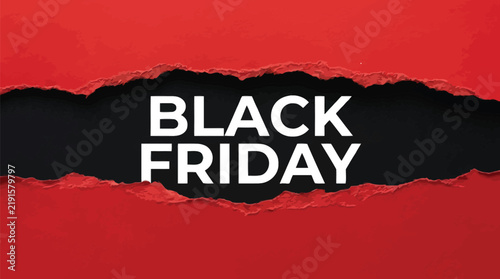Bold Black Friday vector illustration featuring torn red paper effect with white clean modern typography lettering
