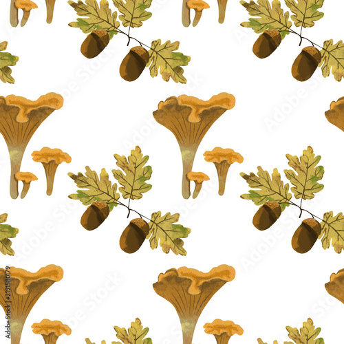 Seamless pattern with watercolor chanterelle mushrooms and oak branches
