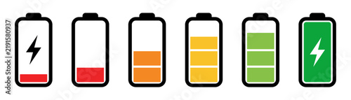 Power status. Set of vector illustrations of battery charge indicators, modern power level symbols, and digital device interfaces.