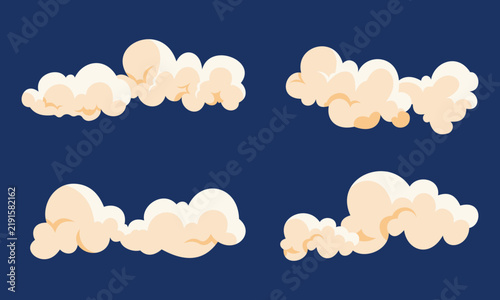 Fluffy cartoon clouds vector set for game assets and sky design. Cartoon clouds design element.