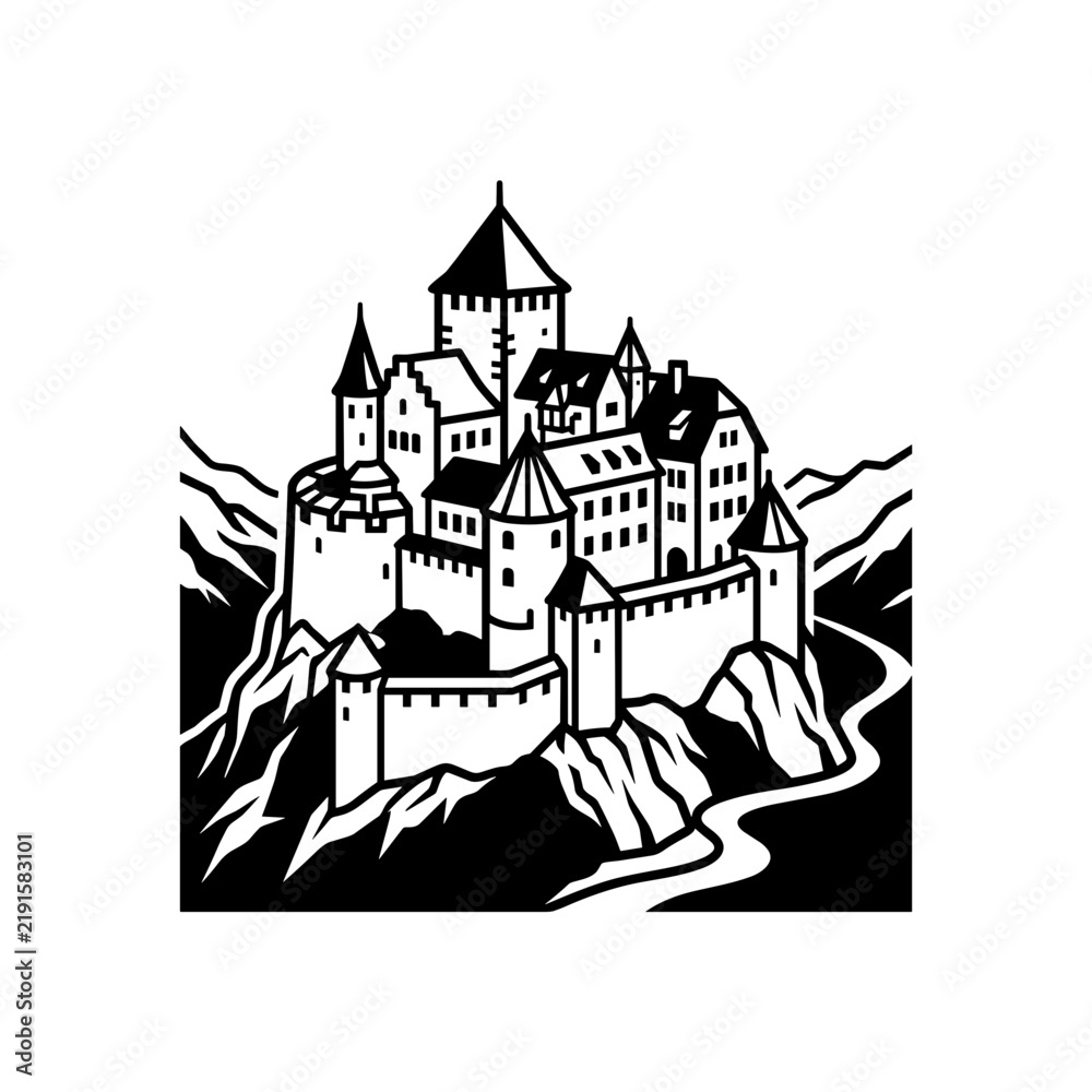 Obraz premium Medieval Castle Fortress on Rocky Hillside.