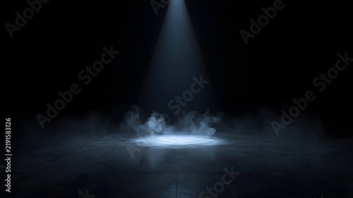 Mysterious Stage Light: A solitary beam of cool blue light pierces the darkness, illuminating a smoky stage floor, creating an atmosphere of suspense and anticipation.