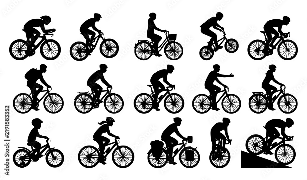Obraz premium Cyclist silhouettes collection with different cycling poses and bicycles vector illustration
