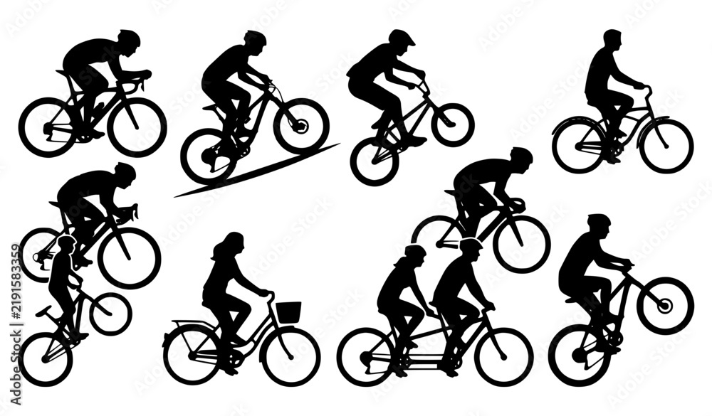 Obraz premium Dynamic bicycle riders and cycling silhouettes sport vector illustration set