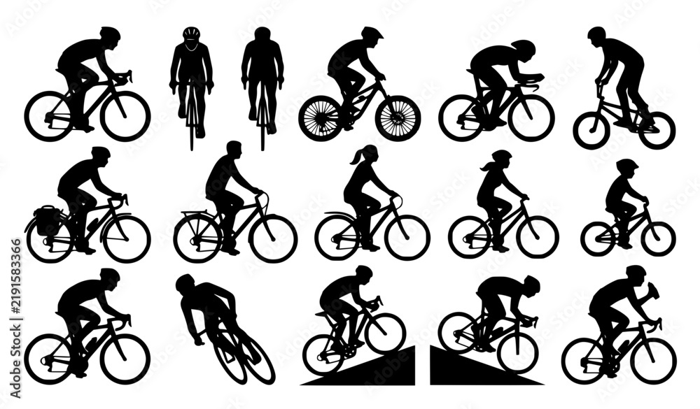 Obraz premium Cycling sport cyclist silhouettes in different riding poses vector set