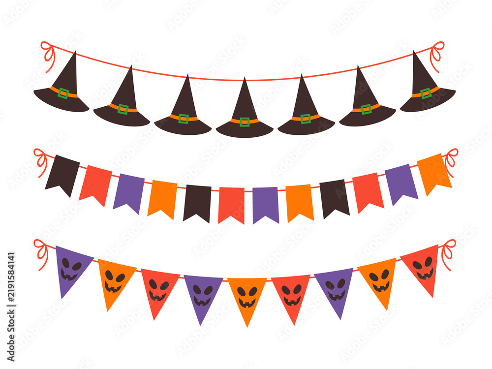 Fototapeta premium Halloween bunting and witch hat garland isolated on a transparent background