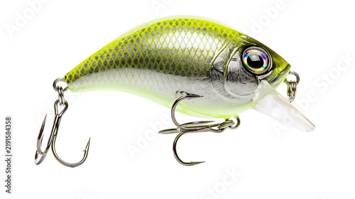 Foto Chartreuse and silver crankbait fishing lure with treble hooks