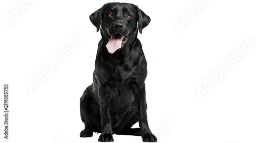 Obraz na płótnie Sitting black Labrador Retriever dog with tongue out looking at camera