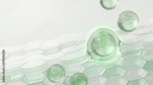 Microscopic 3D render of green centella extract vesicles integrating into the skin barrier, illustrating soothing skincare and restorative cosmetic science.
