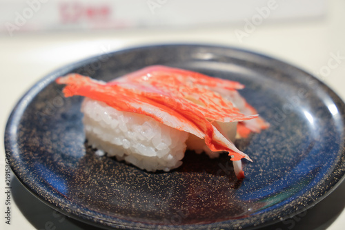 Japan April 29 2026 Crab nigiri sushi on dark plate