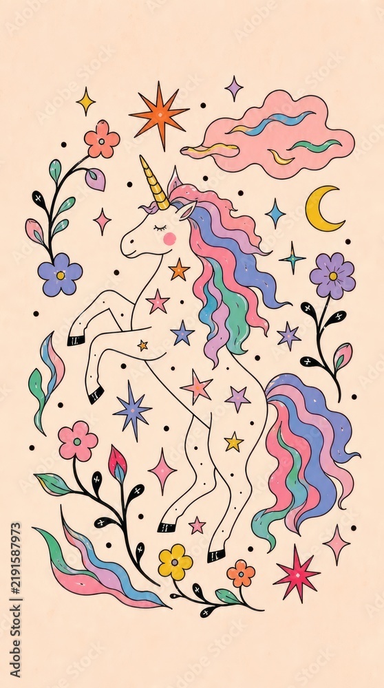 Fototapeta premium Whimsical pastel unicorn wallpaper with stars, flowers, rainbow magic for mobile phone