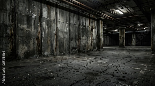 Dark empty interior of an old abandoned industrial warehouse factory with concrete floor