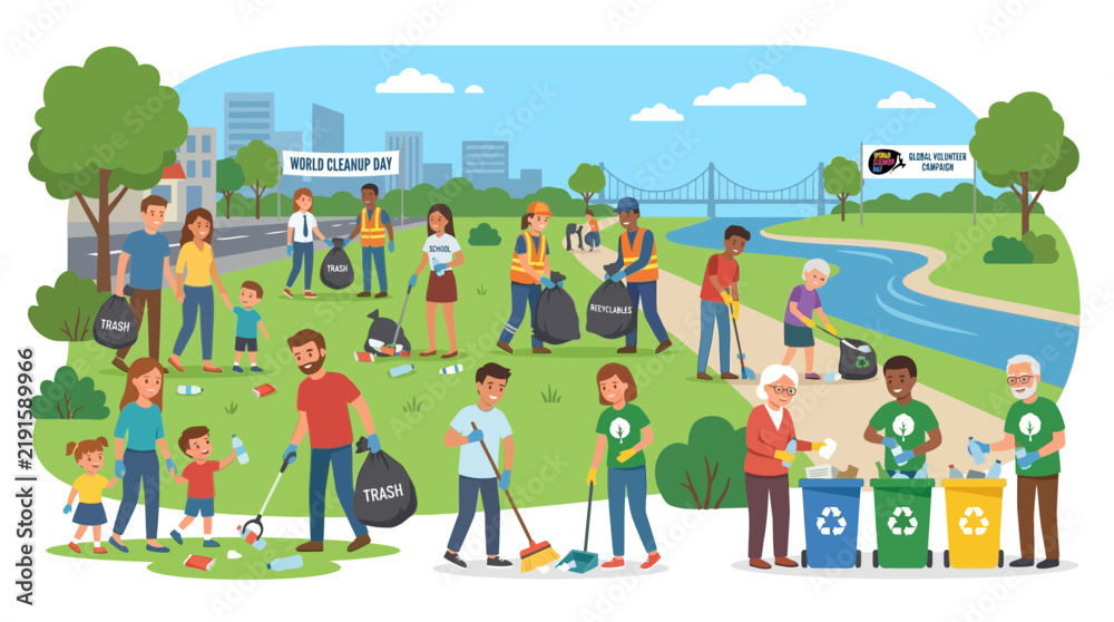 Fototapeta premium Community Cleanup: People collecting trash for World Environment Day in a park.