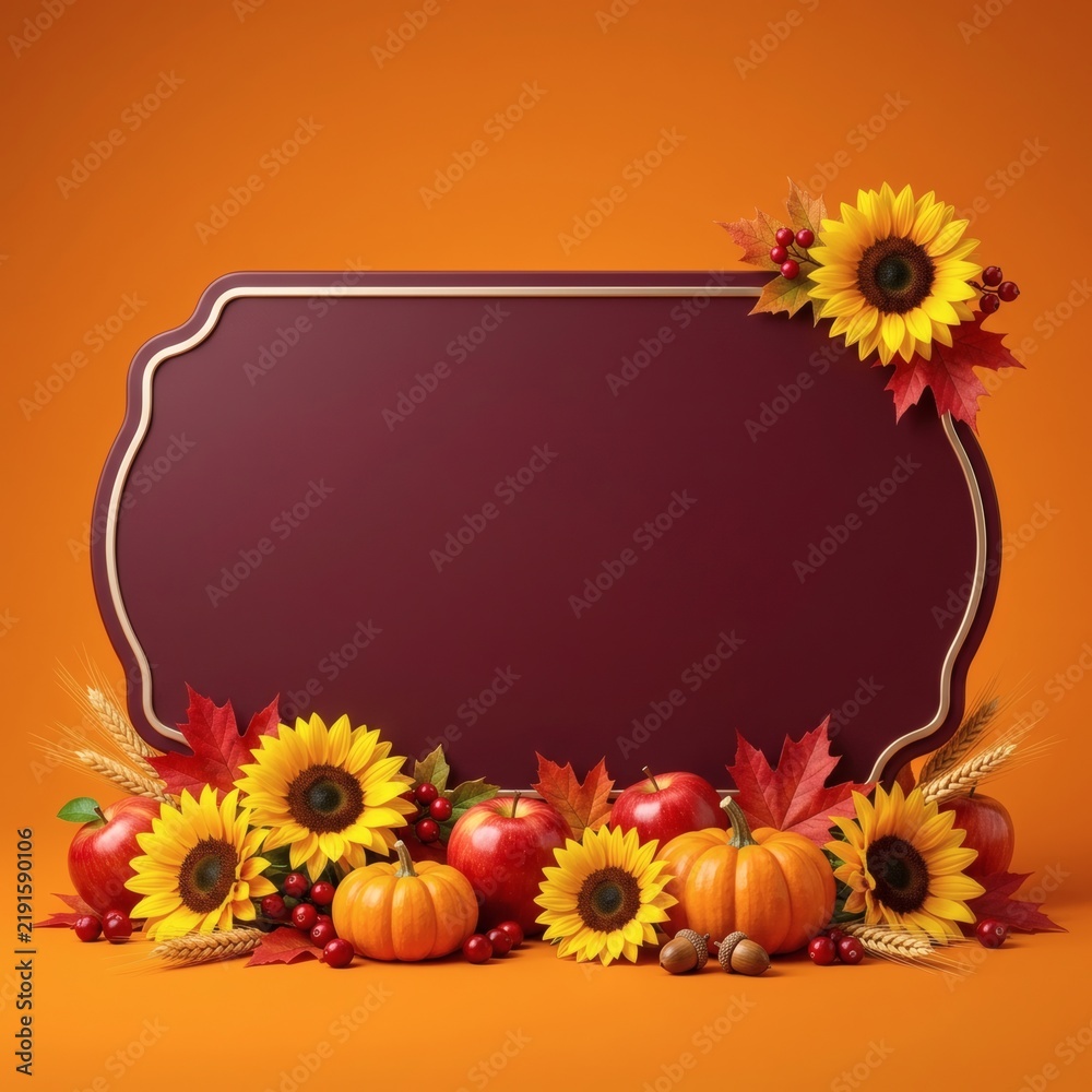 Fototapeta premium Autumn background with blank burgundy sign decorated with sunflowers and pumpkins