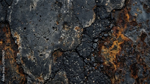 Dark wet rocky ground surface with small green moss and orange lichen growing on stones