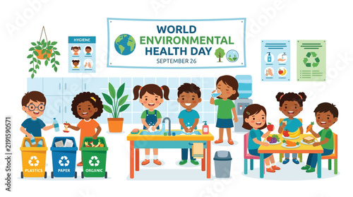 World Environmental Health Day: Diverse kids practice hygiene, recycling, and healthy eating