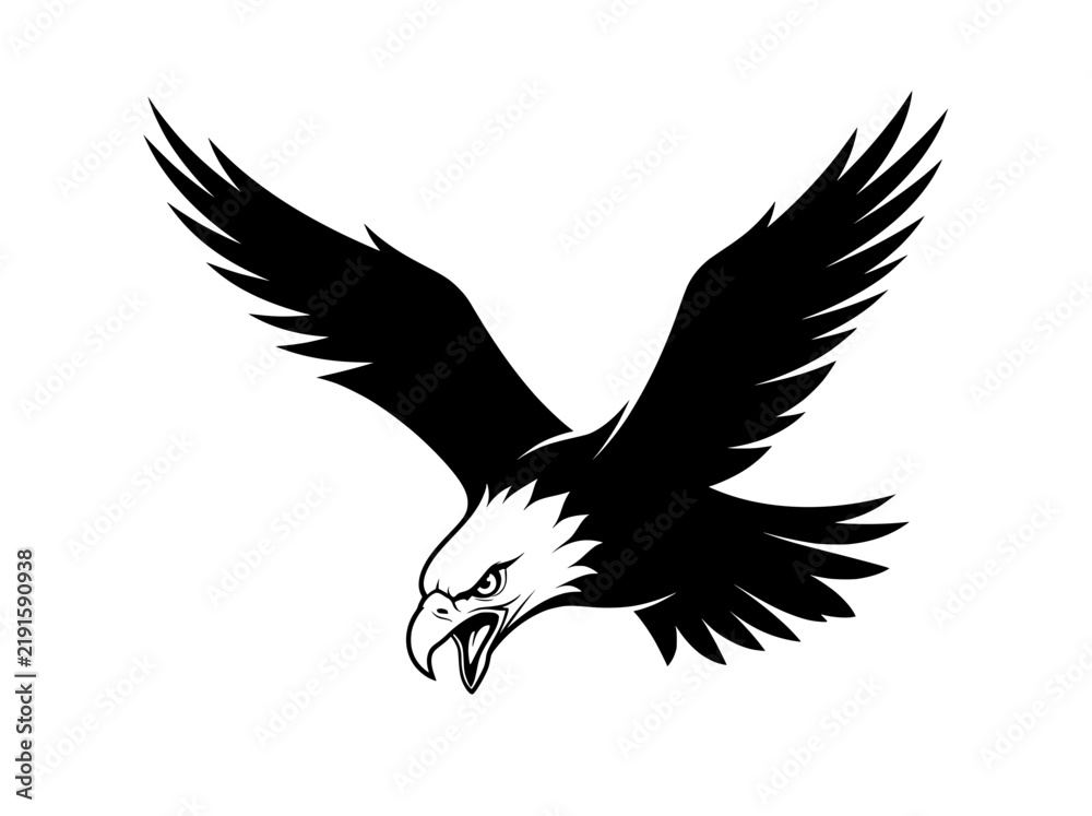 Fototapeta premium Majestic bald eagle flying vector illustration, powerful predatory bird mascot logo, black and white wildlife silhouette for sports branding
