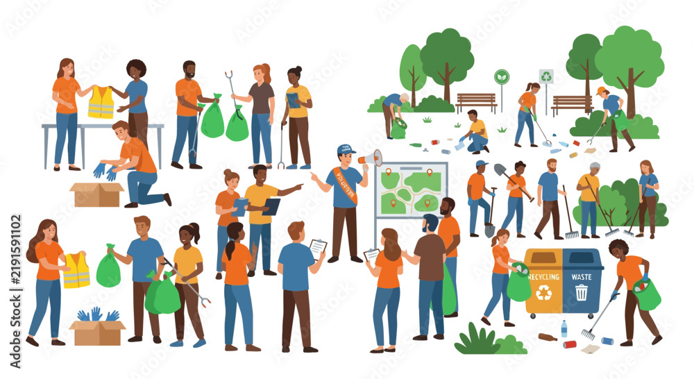 Fototapeta premium Diverse volunteers cleaning up park and community, environmental awareness, teamwork