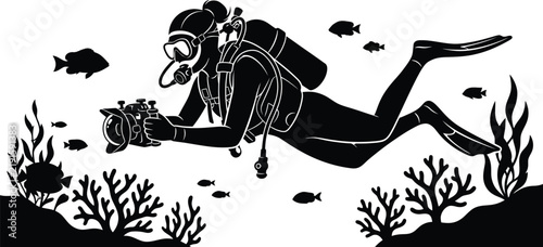Silhouette of a scuba diver taking underwater photographs