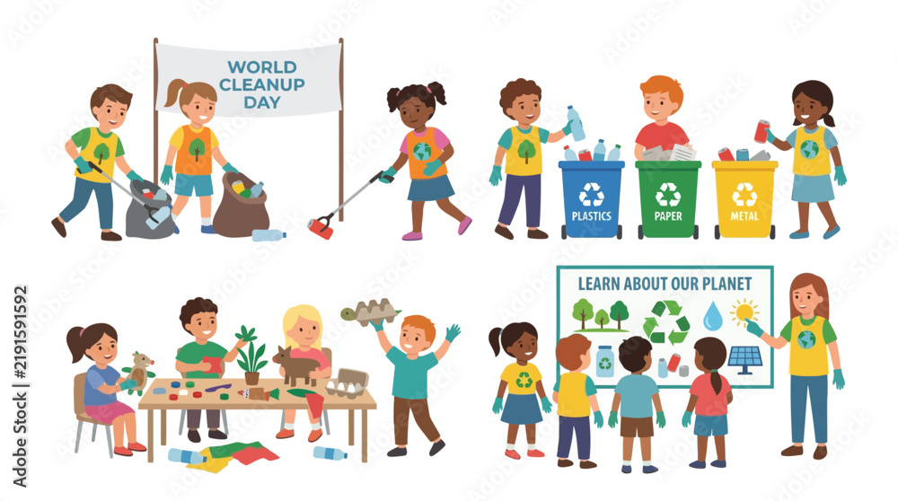 Fototapeta premium Children Participate in World Cleanup Day Activities, Sorting Recycling and Learning About Planet