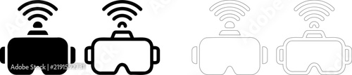 Virtual Reality headset icon set with signal connection. Solid and outline styles