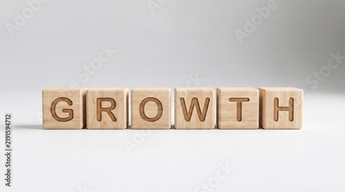 wooden blocks spelling word growth arranged linearly on clean white background studio surface front view creative typography lettering cubes display mockup