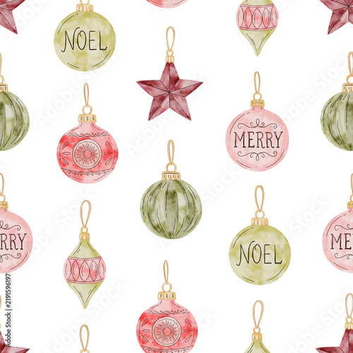 Seamless watercolor pattern. Hand drawn Christmas baubles. Ornament decoration art.