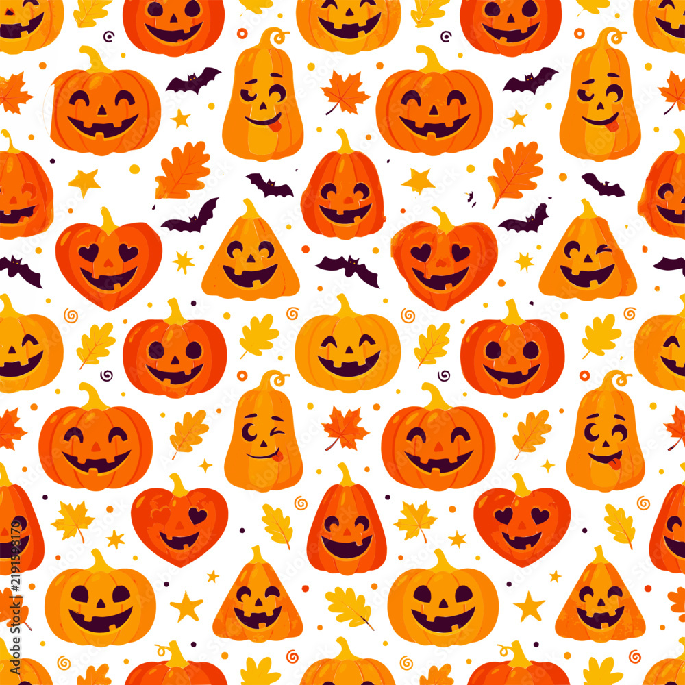 Fototapeta premium Pumpkin halloween seamless pattern with cute jack o lantern faces