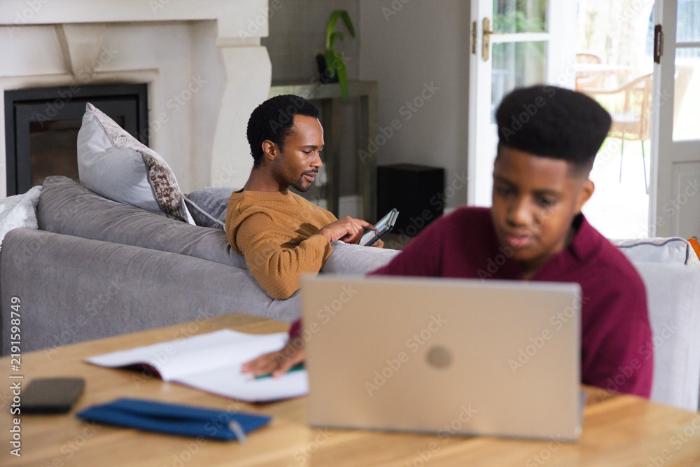 Obraz premium African American father and adolescent son, sitting in living room, son typing on silver laptop