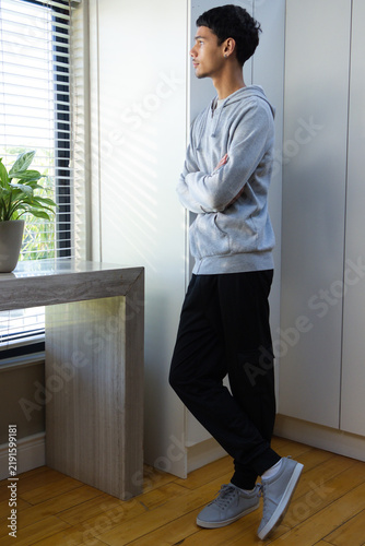 African American man standing near window with blinds, console table with plant, wearing hoodie