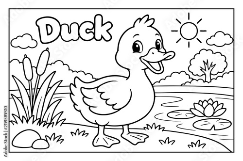 Fotografie Duck coloring page for children featuring cute baby bird near a pond with summer