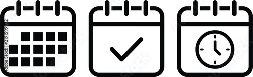 Set of three simple black calendar icons for business planning