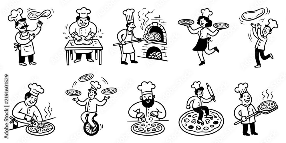 Fototapeta premium Italian pizza chef and pizzaiolo characters doodle set, kneading dough, spinning pizza base, wood fired stone oven, juggling pizzas, and cutting slices vector