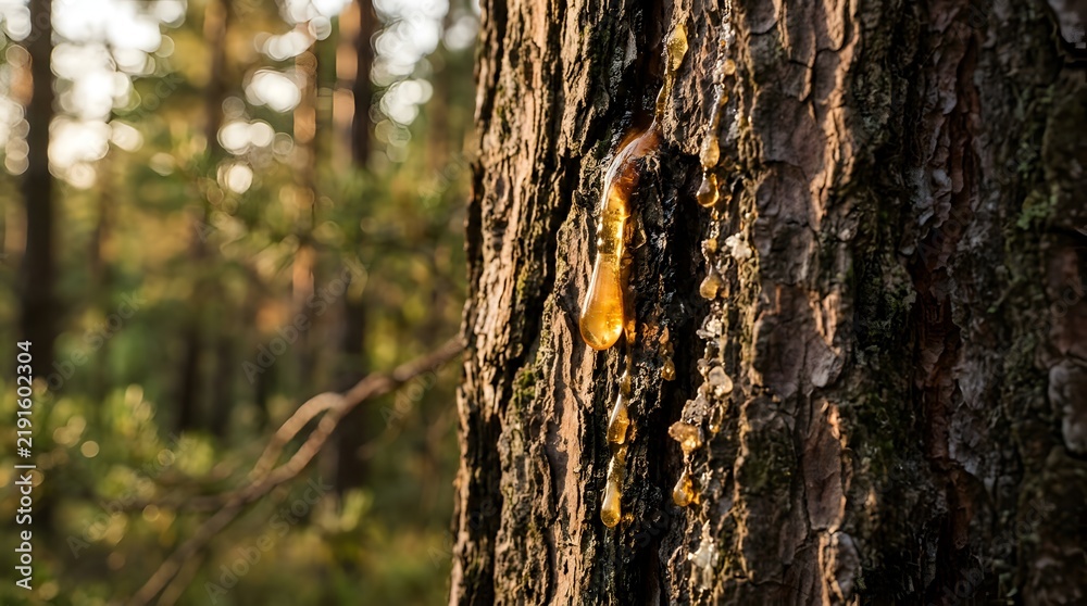 Fototapeta premium Golden pine resin dripping down rough textured tree bark in forest